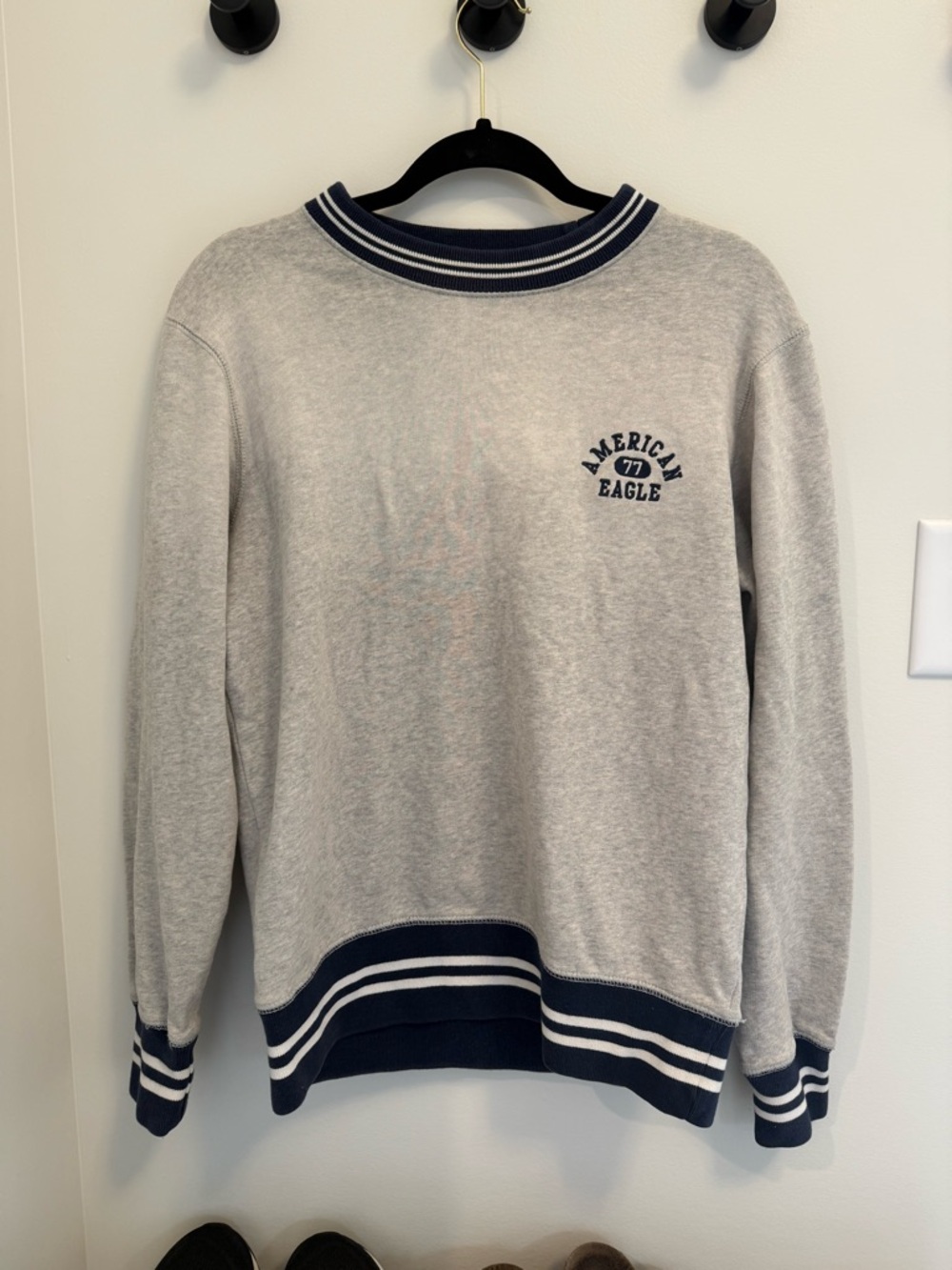 American Eagle Outfitters Gray Crewneck Sweater with Navy Trim